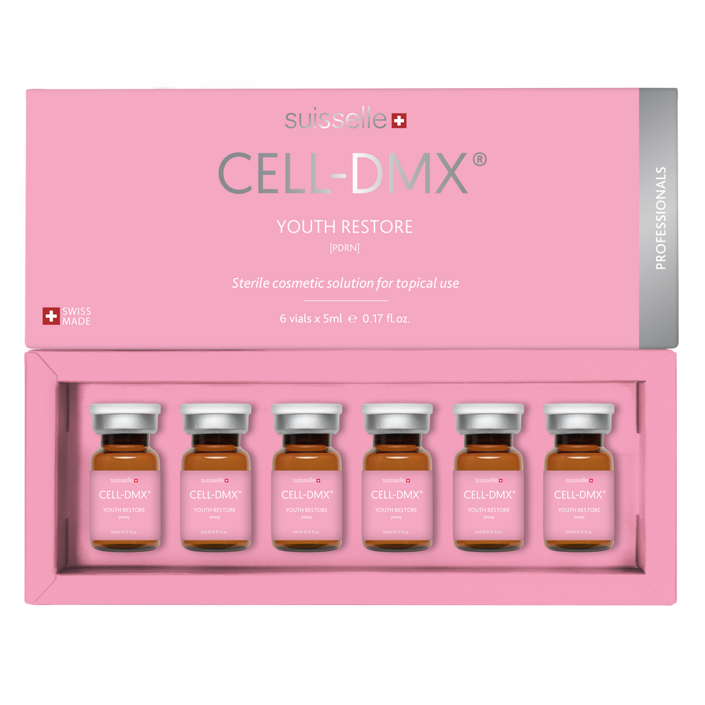 Suisselle CELL-DMX YOUTH RESTORE PDRN – geöffnete rosa Produktverpackung mit 6 Vials à 5 ml