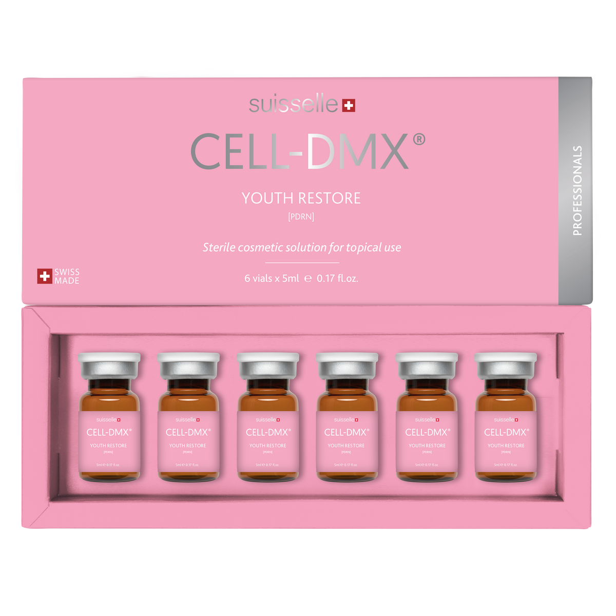 Suisselle CELL-DMX YOUTH RESTORE PDRN – geöffnete rosa Produktverpackung mit 6 Vials à 5 ml
