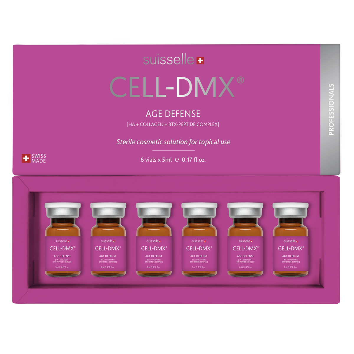 Suisselle CELL-DMX AGE DEFENSE – geöffnete magentafarbene Produktverpackung mit 6 Vials à 5 ml