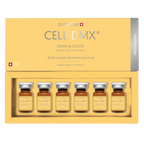 Suisselle CELL-DMX DRAIN & DETOX – geöffnete gelbe Produktverpackung mit 6 Vials à 5 ml