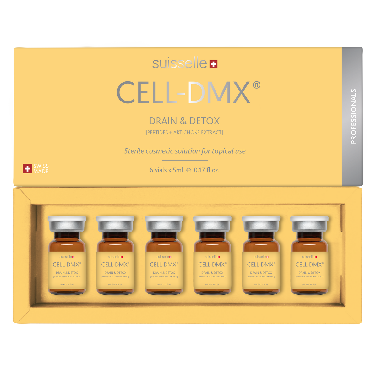 Suisselle CELL-DMX DRAIN & DETOX – geöffnete gelbe Produktverpackung mit 6 Vials à 5 ml