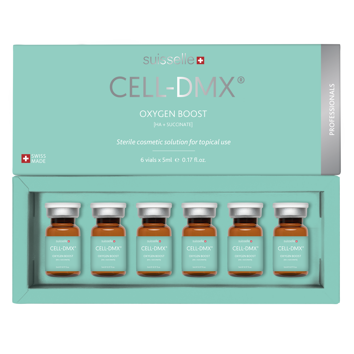 Suisselle CELL-DMX OXYGEN BOOST – geöffnete türkisfarbene Produktverpackung mit 6 Vials à 5 ml