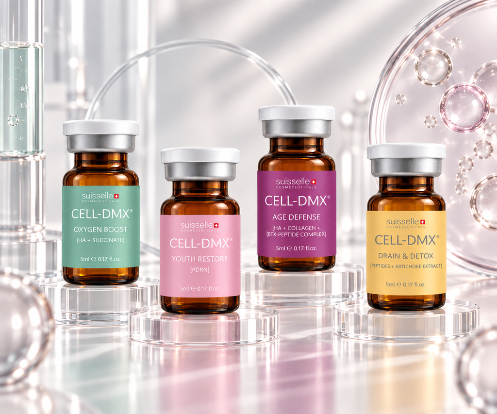 Suisselle CELL-DMX Produktlinie mit vier Vials: Oxygen Boost, Youth Restore, Age Defense und Drain & Detox