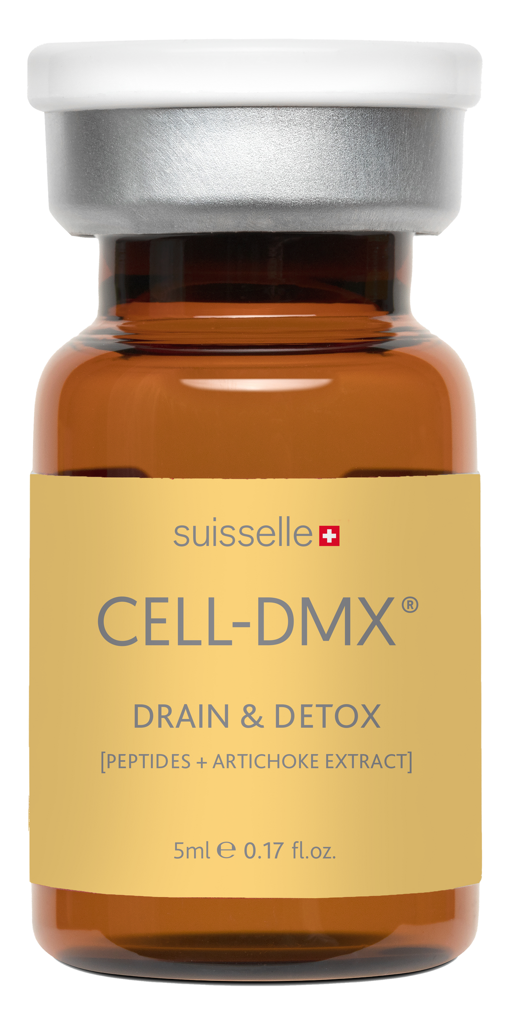 Suisselle CELL-DMX DRAIN & DETOX – einzelne 5-ml-Glasampulle mit gelbem Etikett