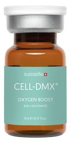 Suisselle CELL-DMX OXYGEN BOOST mit HA und Succinat – einzelne 5-ml-Glasampulle mit türkisfarbenem Etikett