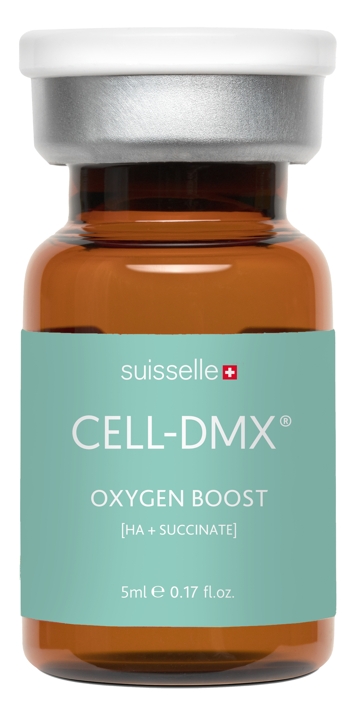 Suisselle CELL-DMX OXYGEN BOOST mit HA und Succinat – einzelne 5-ml-Glasampulle mit türkisfarbenem Etikett